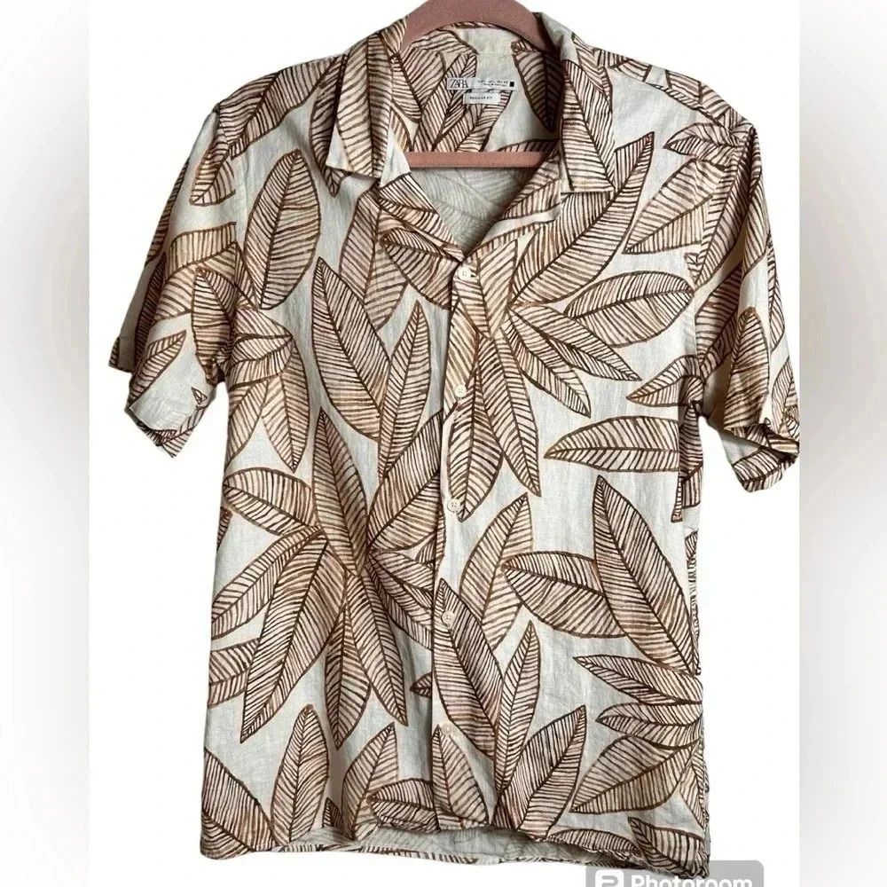 ZARA Linen Short-Sleeve Button Shirt, Floral Resortwear, Vacation, Beach, Hawaii